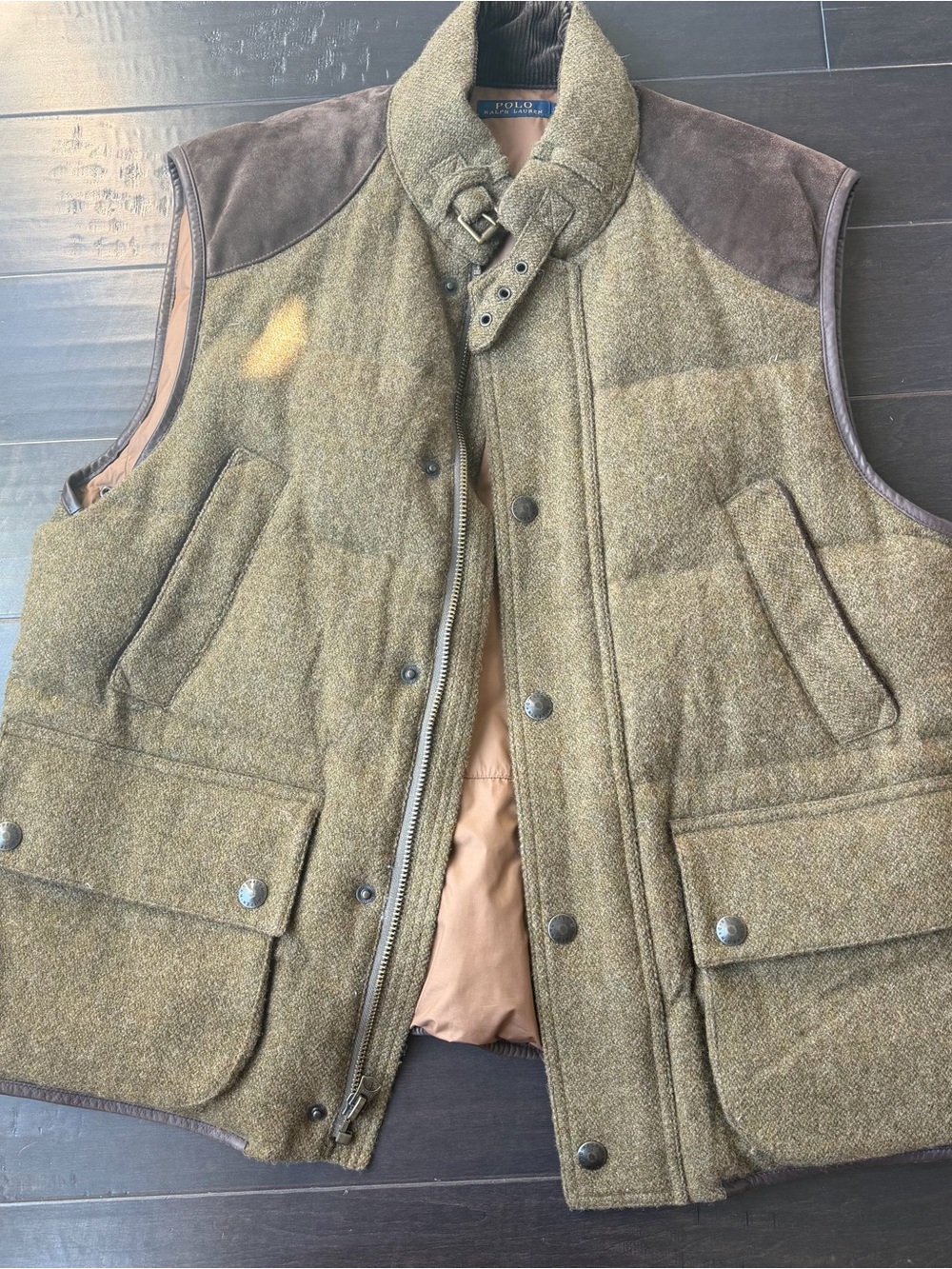 Ralph Lauren Olive Wool Quilted Vest with Brown Suede Shoulders